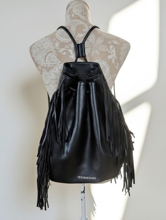Victoria\'s Secret Black Faux Leather Limited Edition Fringe Backpack